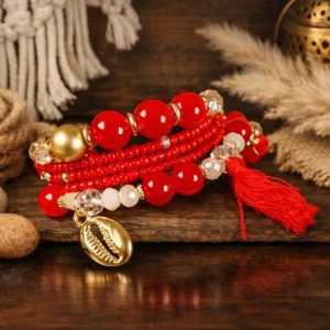 Layered Red, White & Gold Beaded Bracelet