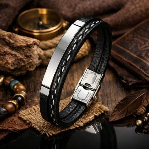 Braided Black Leather Look Bracelet