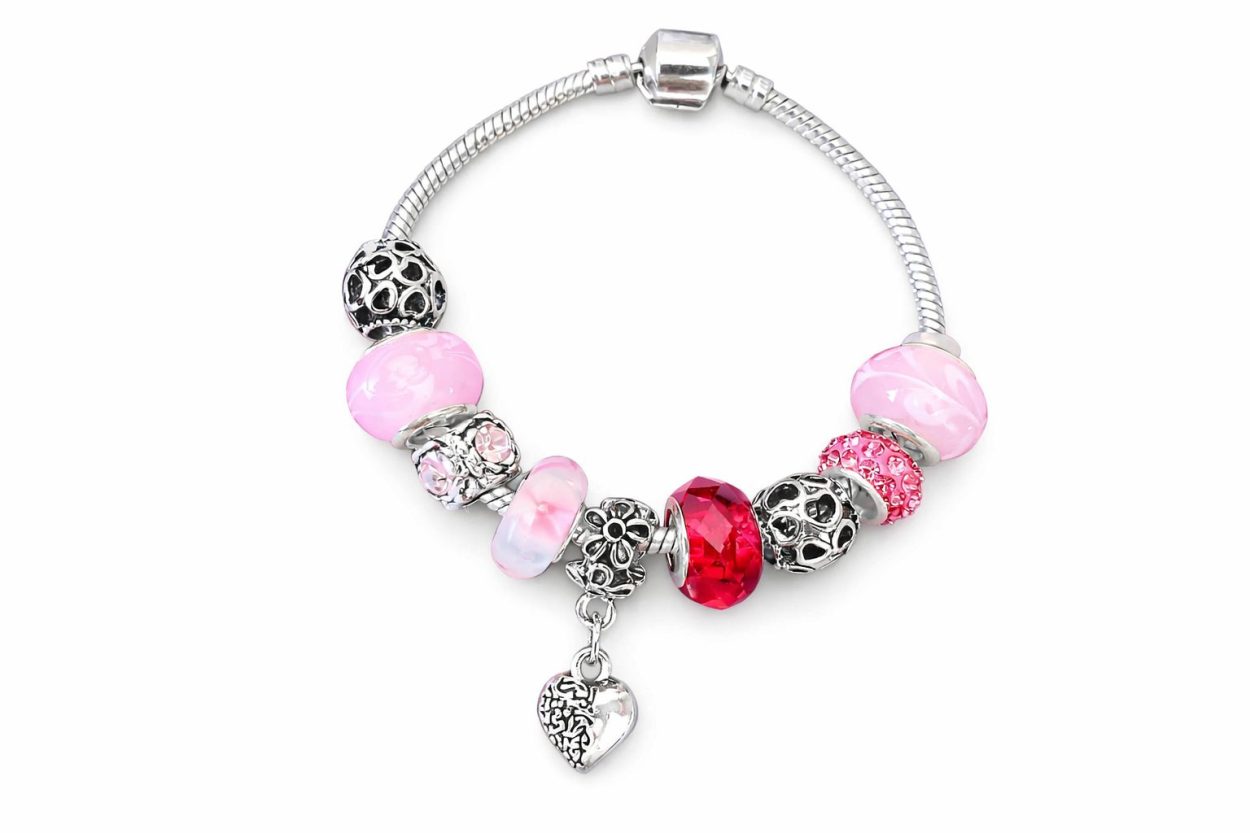 Stainless Steel with Pink Charms and Beads Bracelet - Image 3