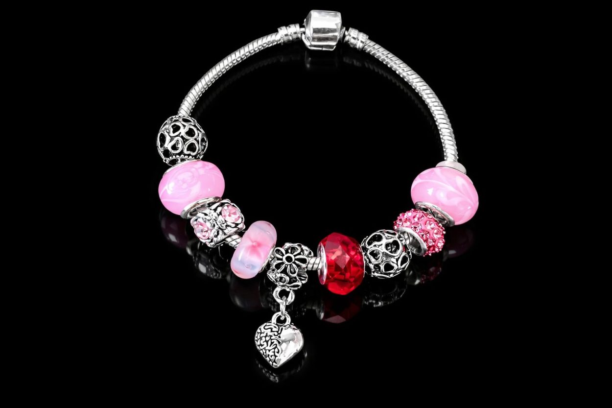 Stainless Steel with Pink Charms and Beads Bracelet - Image 2