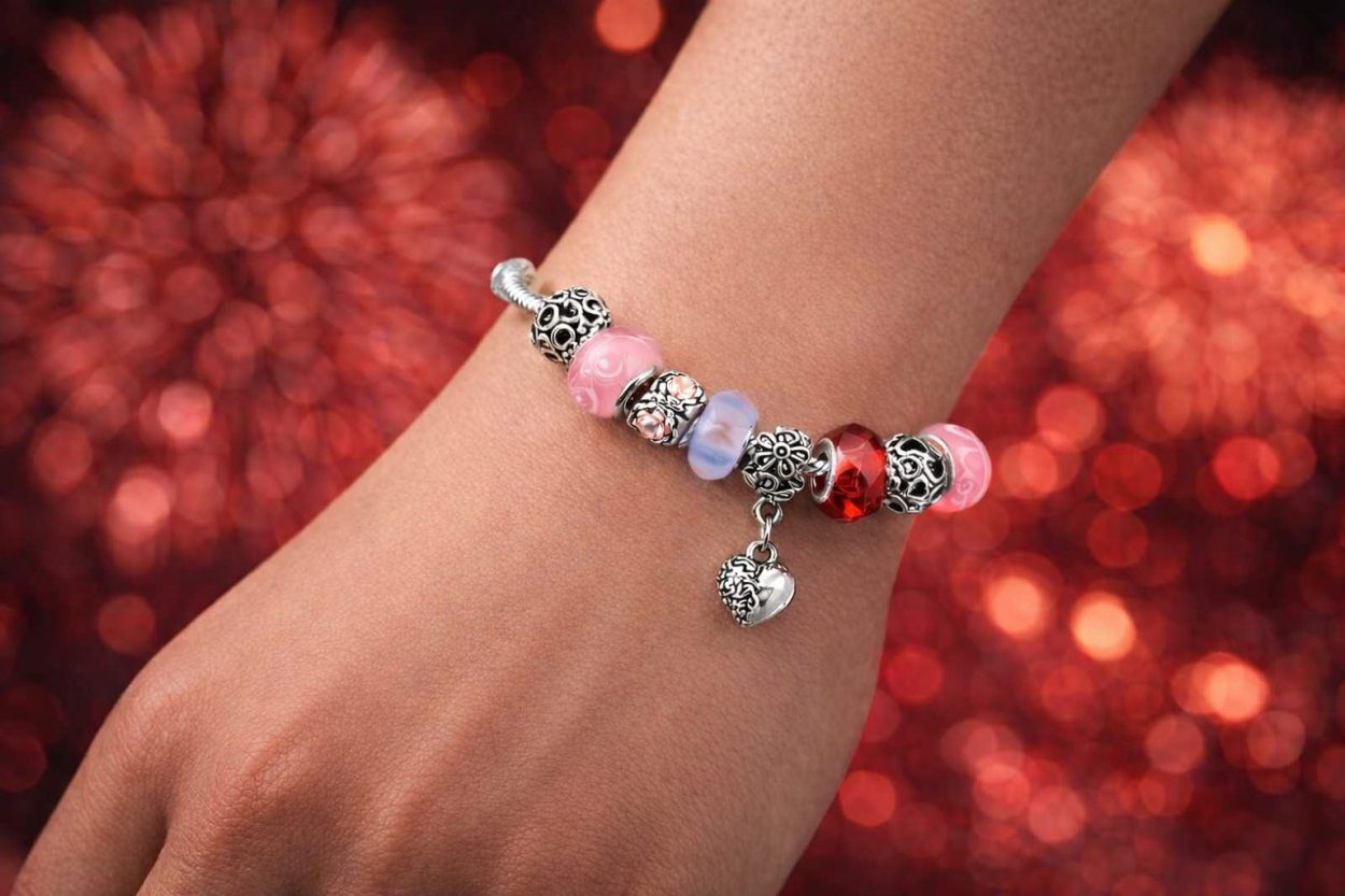Stainless Steel with Pink Charms and Beads Bracelet