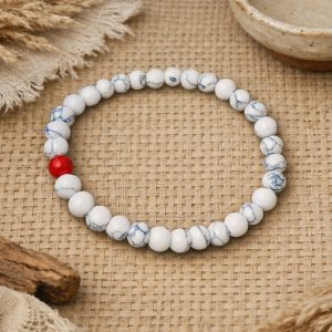 Handmade White Marble & Red Accent Bead Bracelet