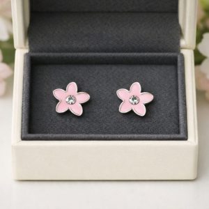 Pink Flower Enamel with Clear Rhinestone Stainless Steel Earrings