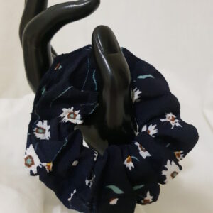 Big Navy Blue Scrunchie with White Flowers