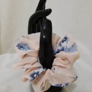 Big Light Pink Scrunchie with Blue Flowers