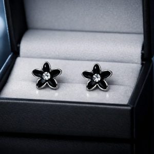 Cute Black Enamel Flower with Clear Rhinestone Centre Stainless Steel Stud Earrings
