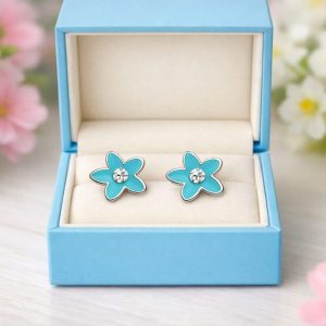 Cute Blue Enamel Flower with Clear Rhinestone Centre Stainless Steel Stud Earrings