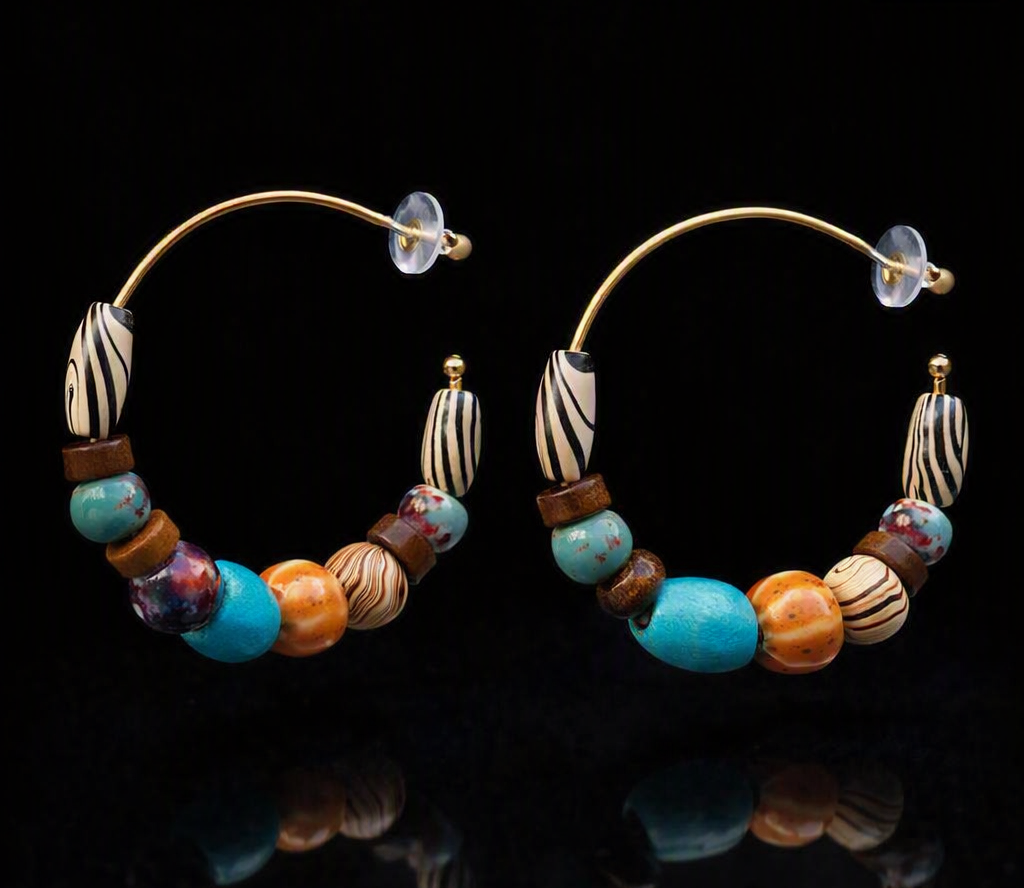 Bead & Gold Coloured Large Hoop Stud Earring - Image 3