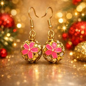 Christmas Bell Earrings are Festive Cheer - Dark Pink Flower