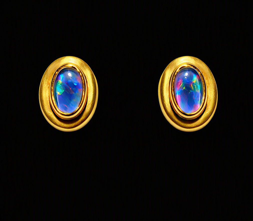 Oval Opal Gold Stud Earrings - Image 2