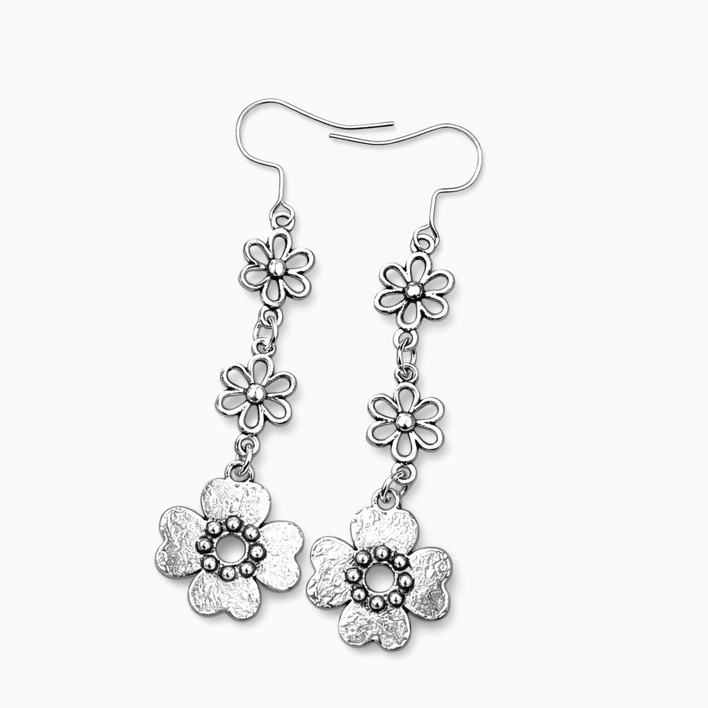 Long Silver Fun Flower Design Earrings - Image 3