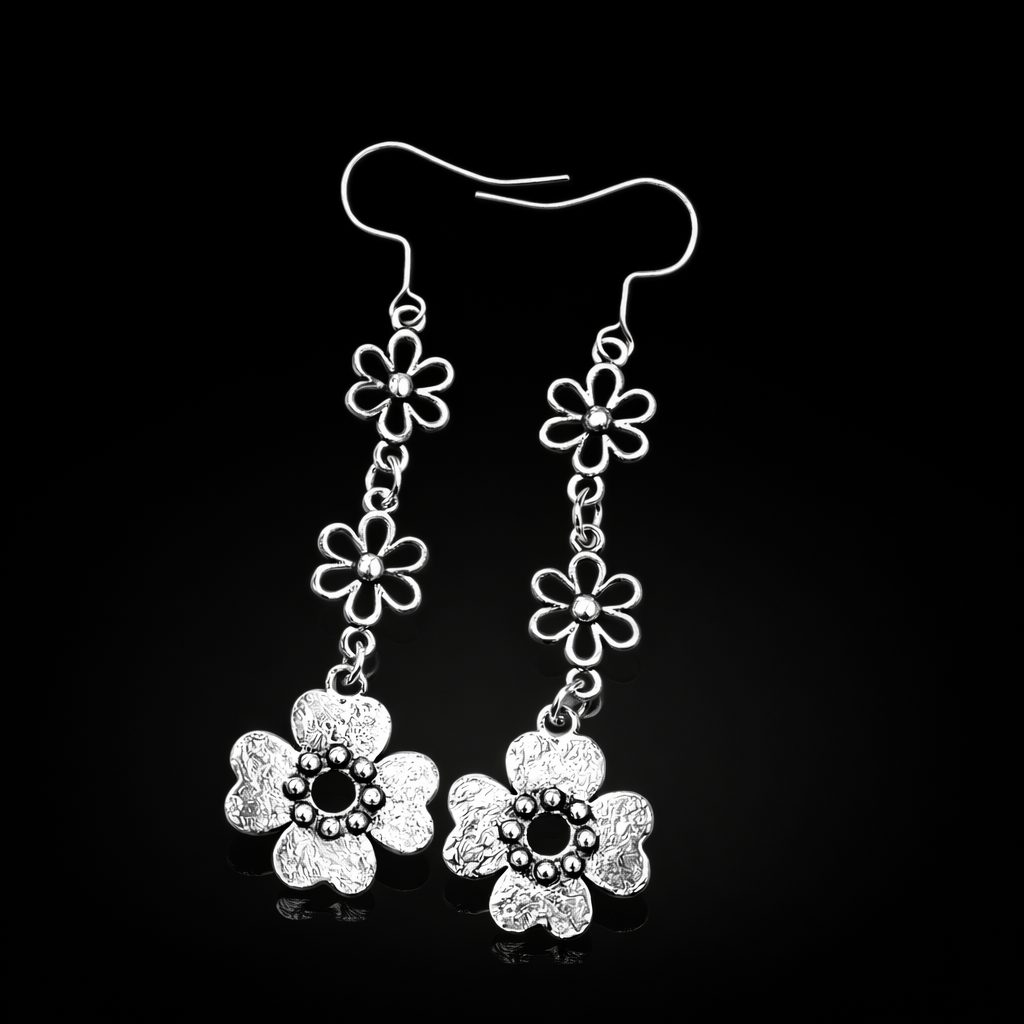 Long Silver Fun Flower Design Earrings - Image 2
