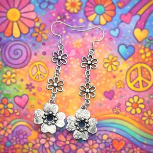 Long Silver Fun Flower Design Earrings