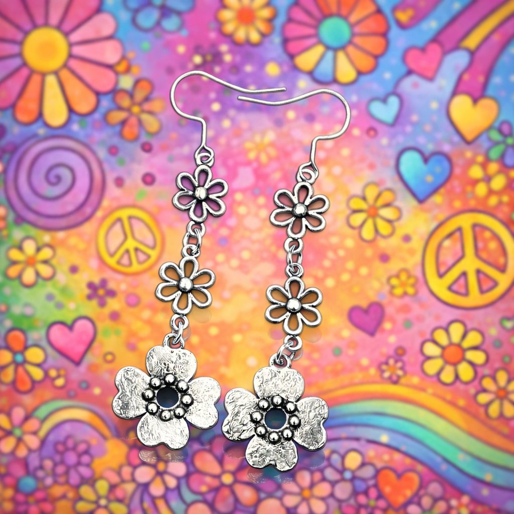 Long Silver Fun Flower Design Earrings