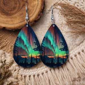 Bohemian Style Aurora Design Wooden Water Drop Earrings