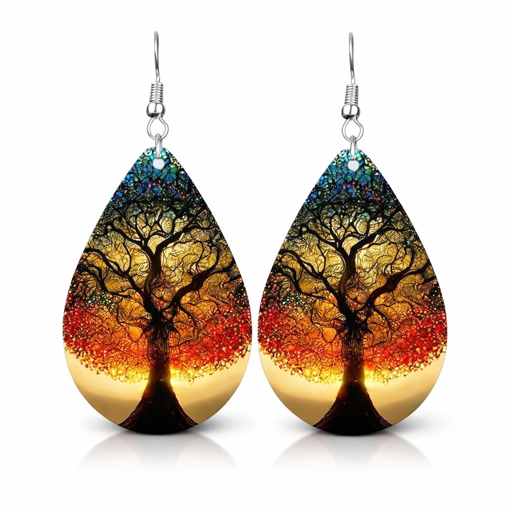 Bohemian Style Tree of Life Design Wooden Water Drop Earrings - Image 3