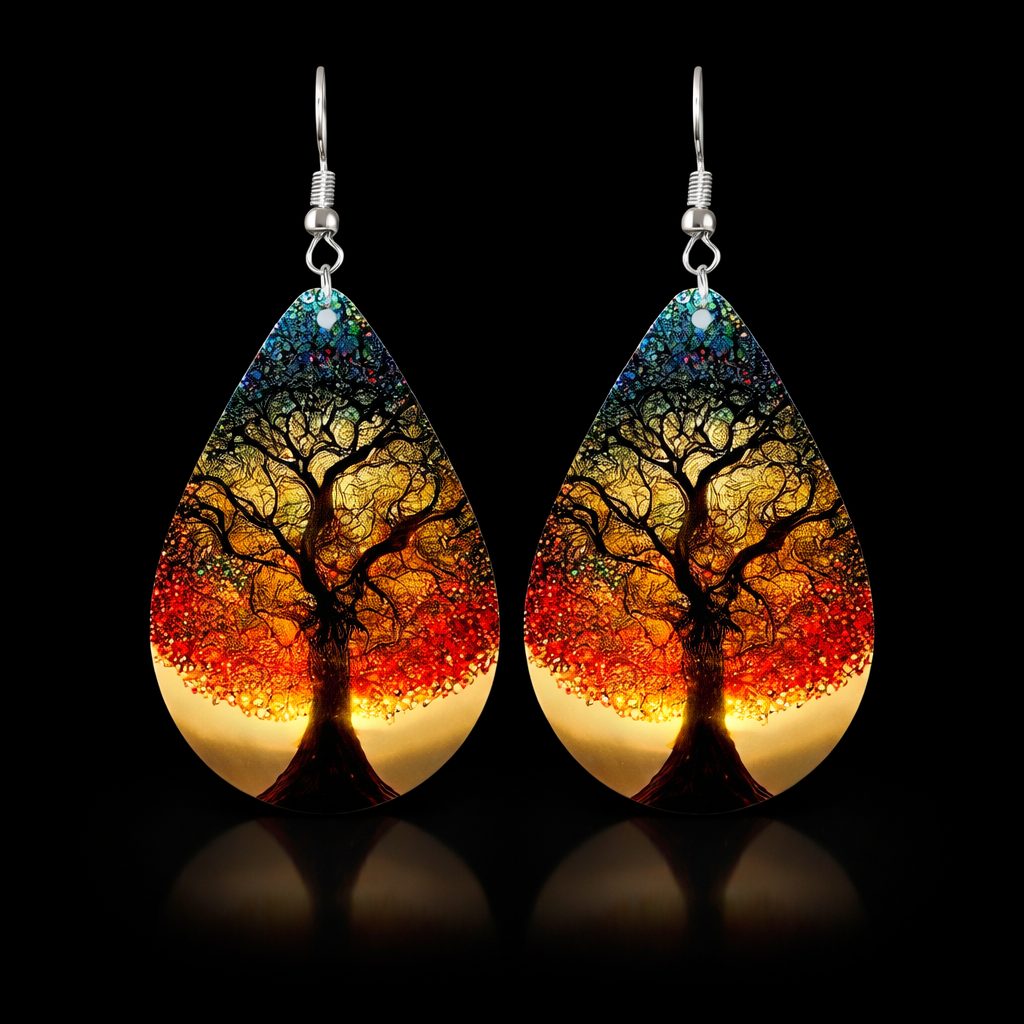 Bohemian Style Tree of Life Design Wooden Water Drop Earrings - Image 2