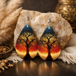 Bohemian Style Tree of Life Design Wooden Water Drop Earrings