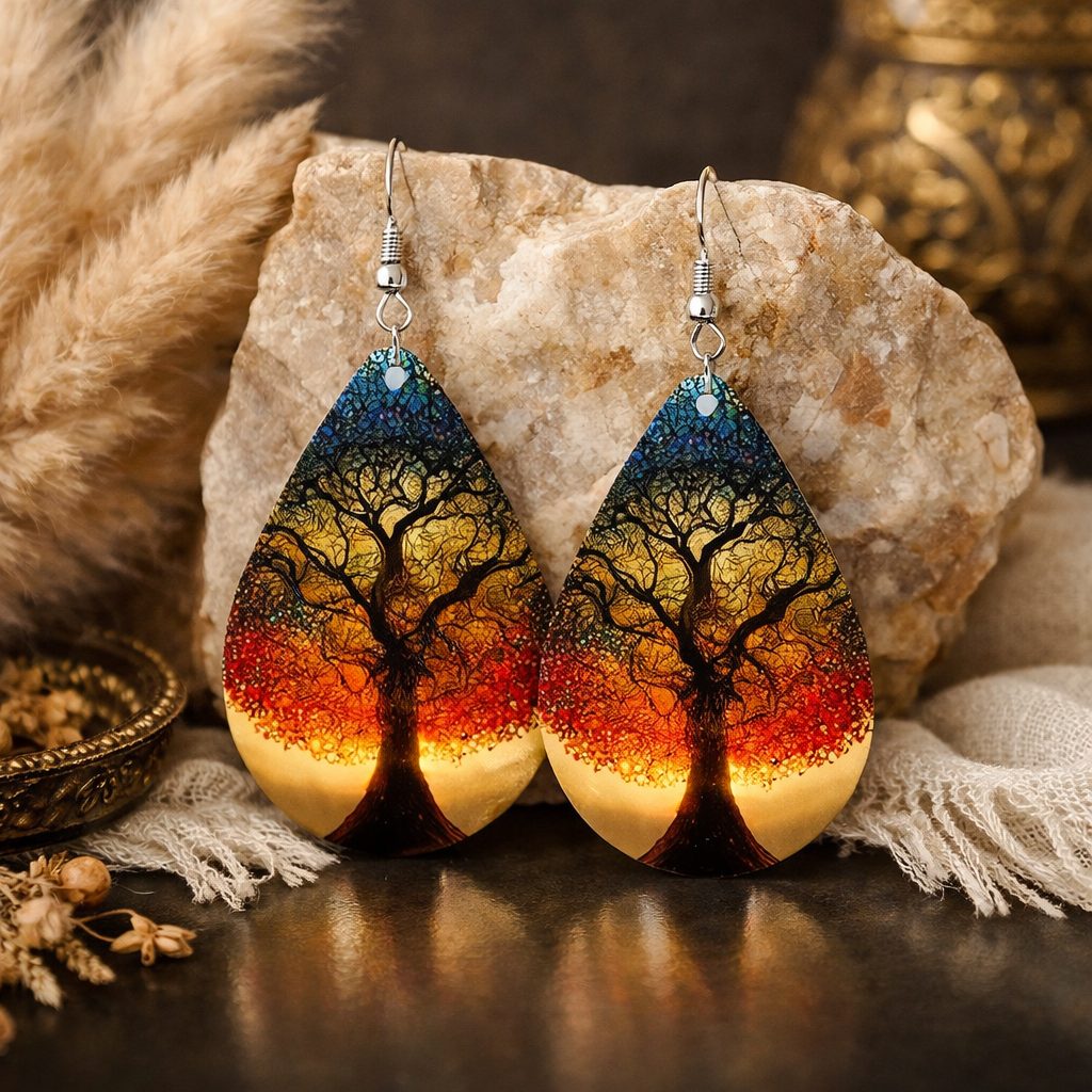 Bohemian Style Tree of Life Design Wooden Water Drop Earrings