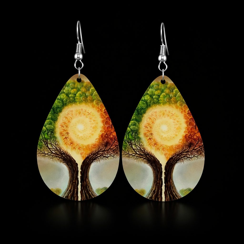 Bohemian Style Abstract Tree Wooden Water Drop Earrings - Image 2