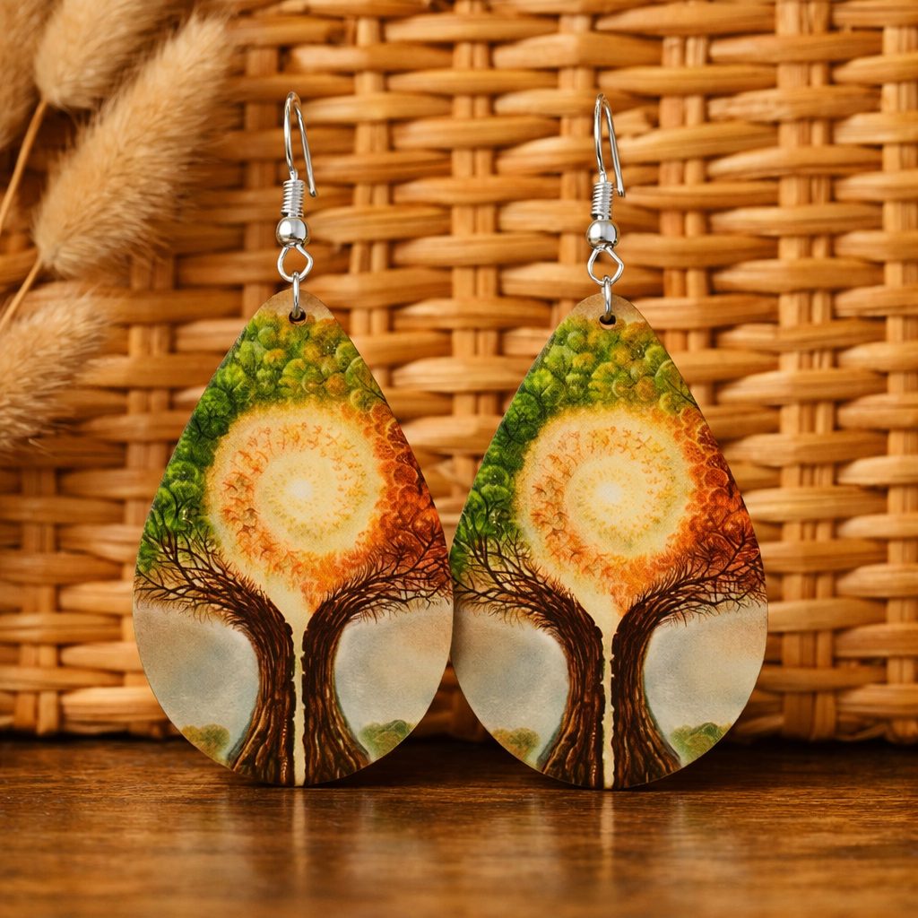 Bohemian Style Abstract Tree Wooden Water Drop Earrings