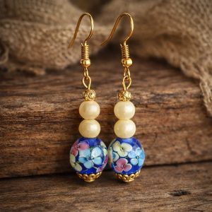 Millefiori Bead with Pearl Like Bead Earrings