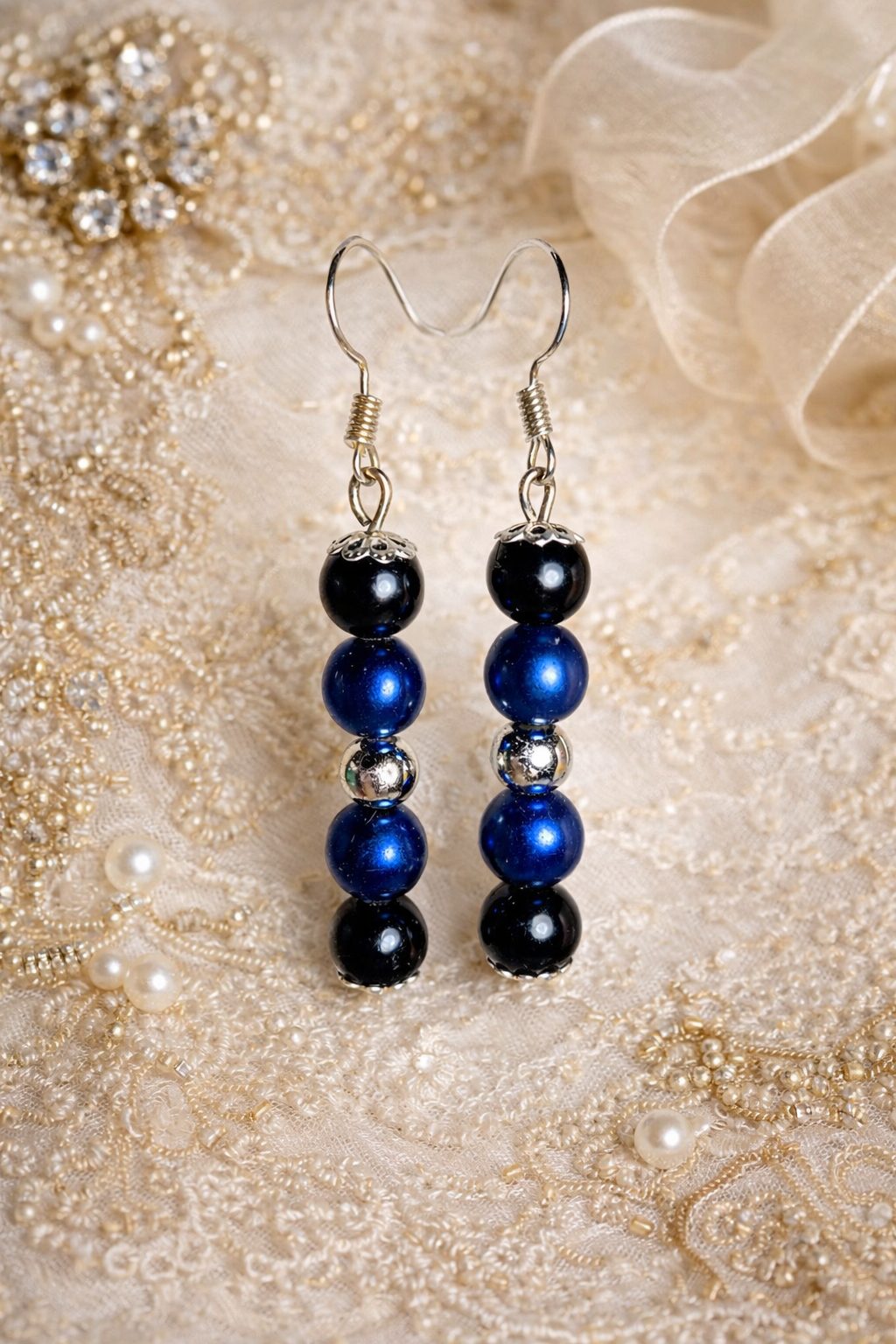 Shimmering Metallic Blue & Classic Black Glass Bead Earrings
