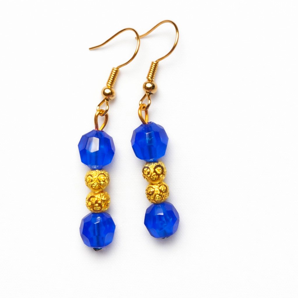 Bohemian Blue and Gold Bead Dangle Earrings with a Pop of Colour - Image 3