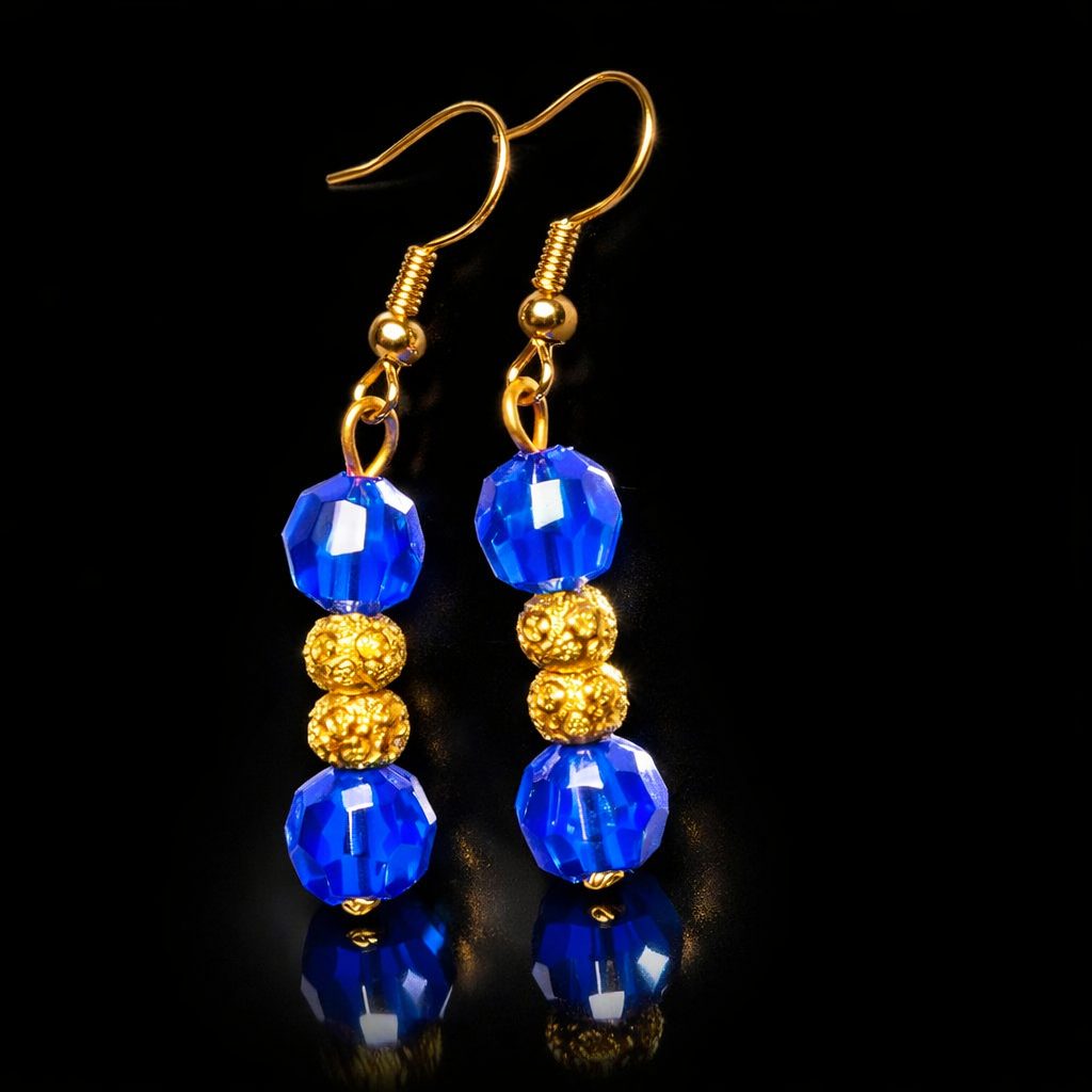 Bohemian Blue and Gold Bead Dangle Earrings with a Pop of Colour - Image 2