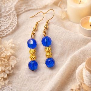 Bohemian Blue and Gold Bead Dangle Earrings with a Pop of Colour