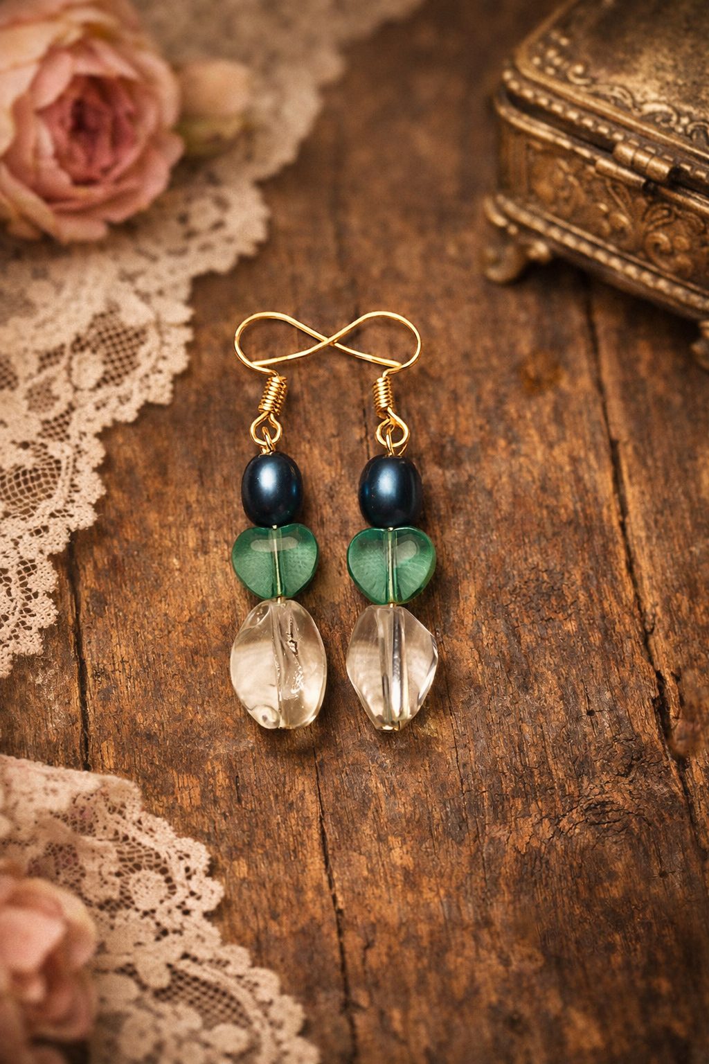 Beautiful Purple Heart Glass Bead Dangle Earrings
