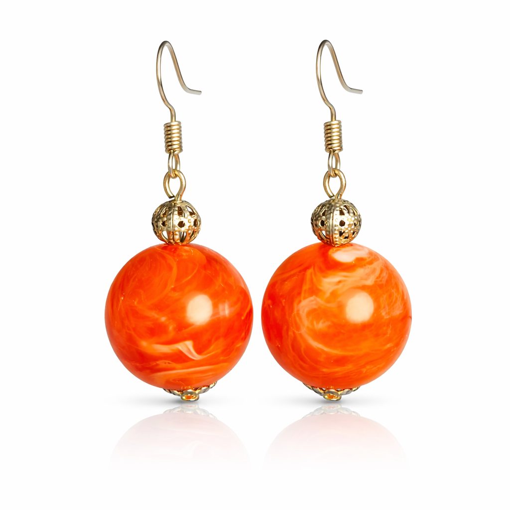 Bold Orange & Silver Beaded Dangle Earrings - Image 3