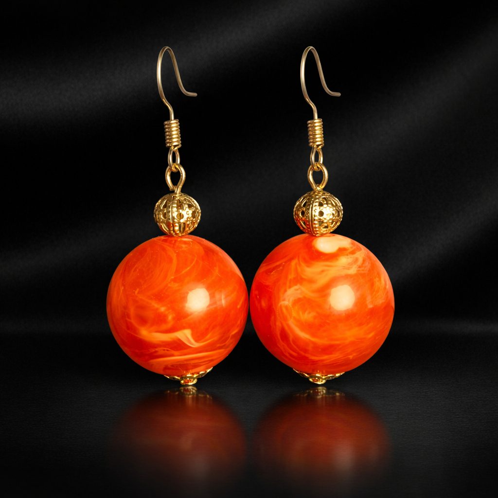Bold Orange & Silver Beaded Dangle Earrings - Image 2
