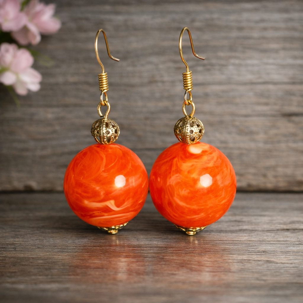 Bold Orange & Silver Beaded Dangle Earrings