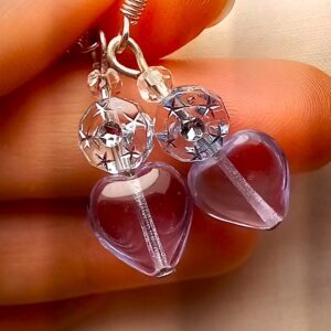 Beautiful Purple Heart Glass Bead Dangle Earrings
