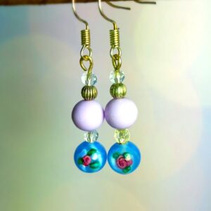 Blue Millefiori Glass Bead & Lilac Topper Bead Earrings