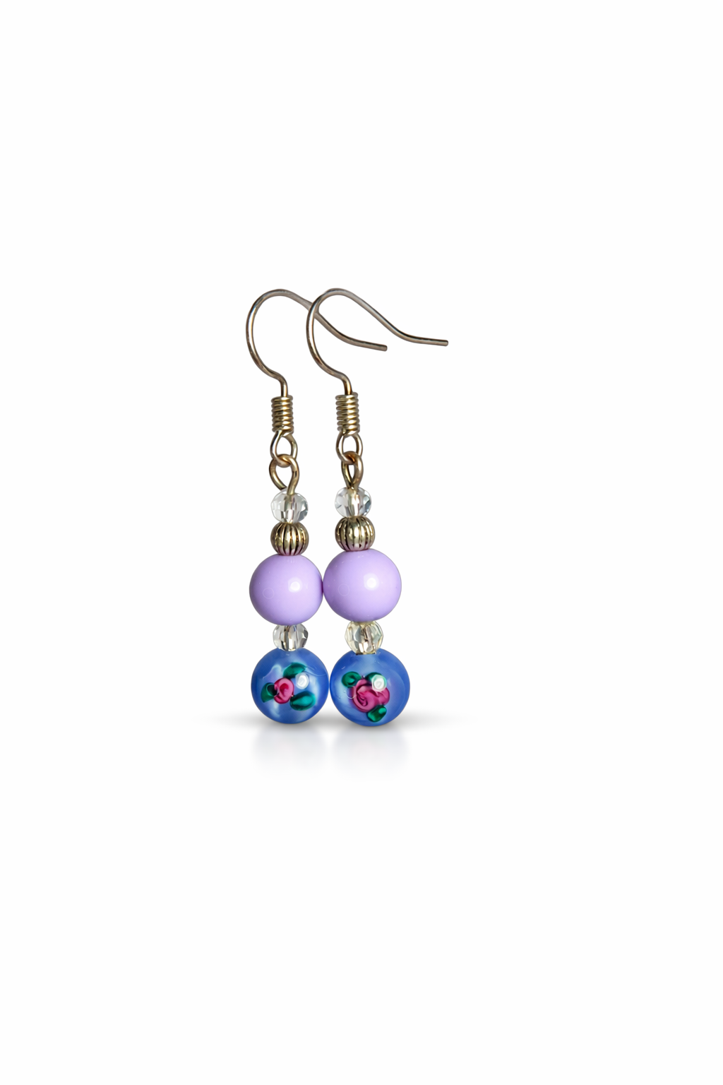 Blue Millefiori Glass Bead & Lilac Topper Bead Earrings - Image 3