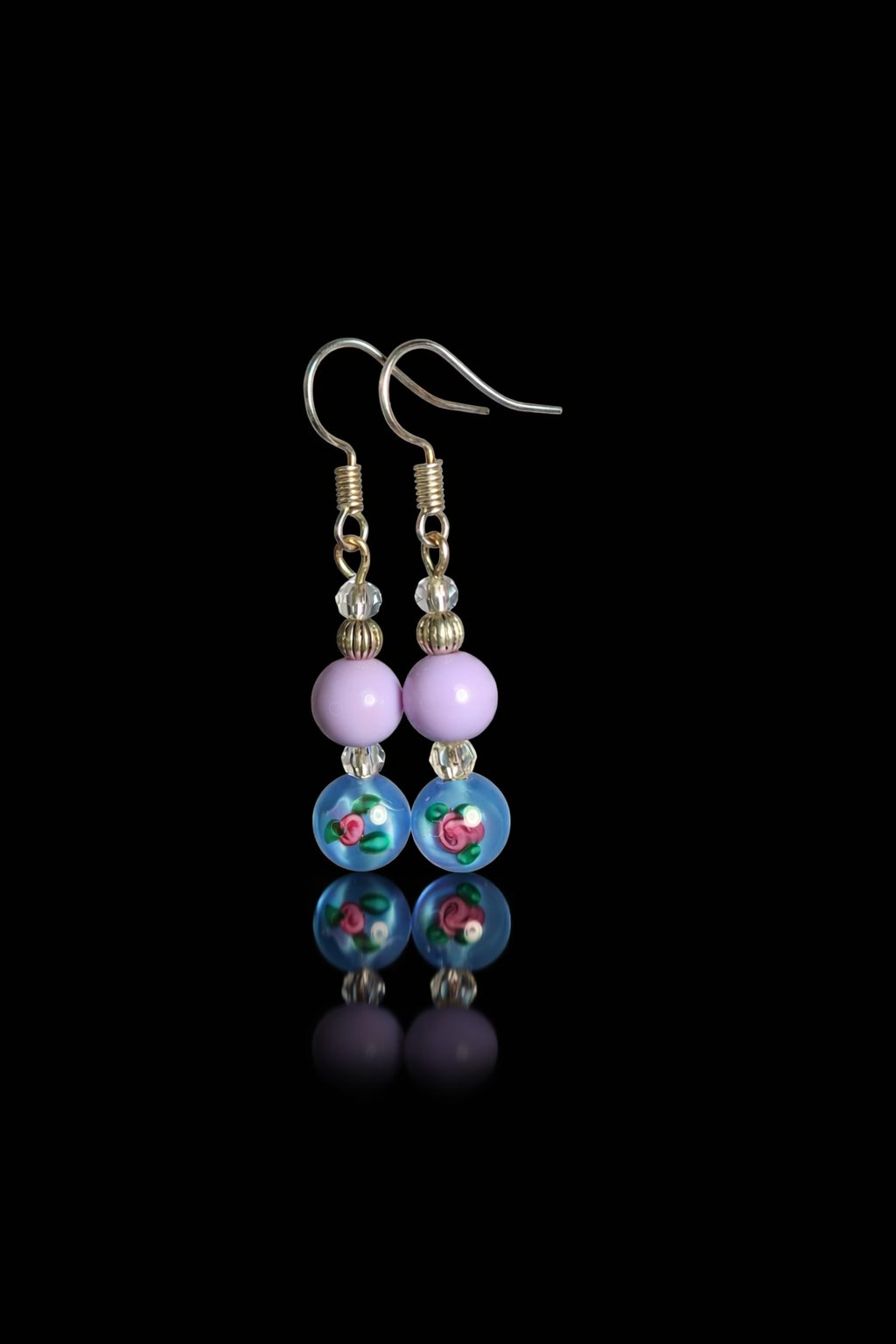 Blue Millefiori Glass Bead & Lilac Topper Bead Earrings - Image 2