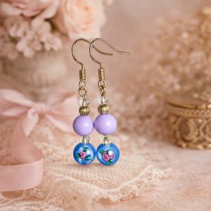Blue Millefiori Glass Bead & Lilac Topper Bead Earrings
