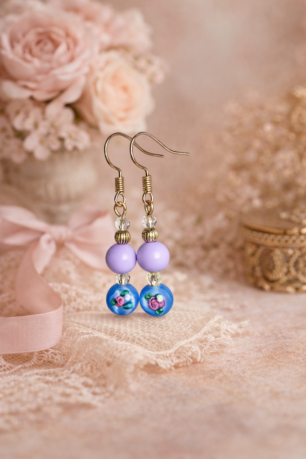 Blue Millefiori Glass Bead & Lilac Topper Bead Earrings