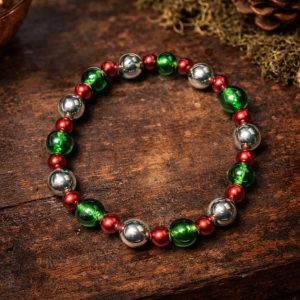 Boho Chic Beaded Bracelet in Red, Green, and Silver