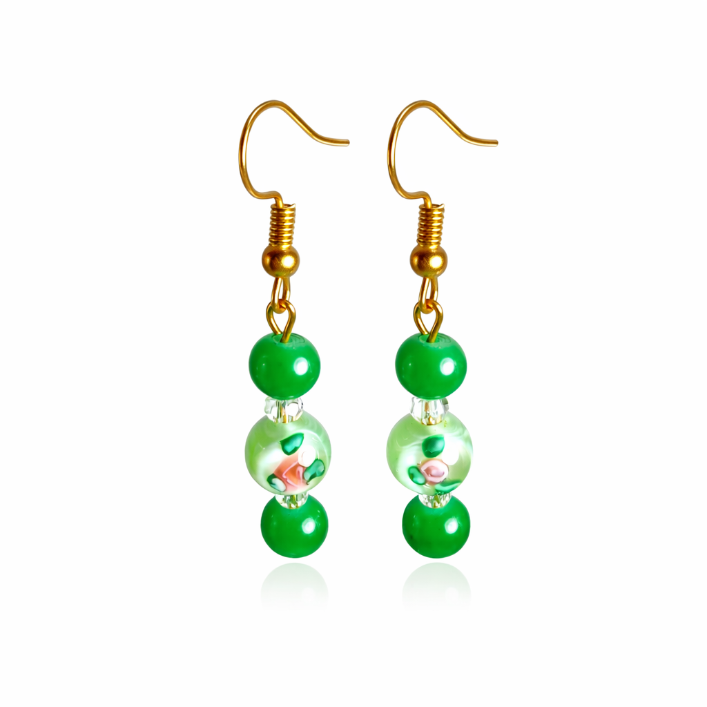 Green Millefiori and Emerald Green Glass Bead Earrings - Image 3