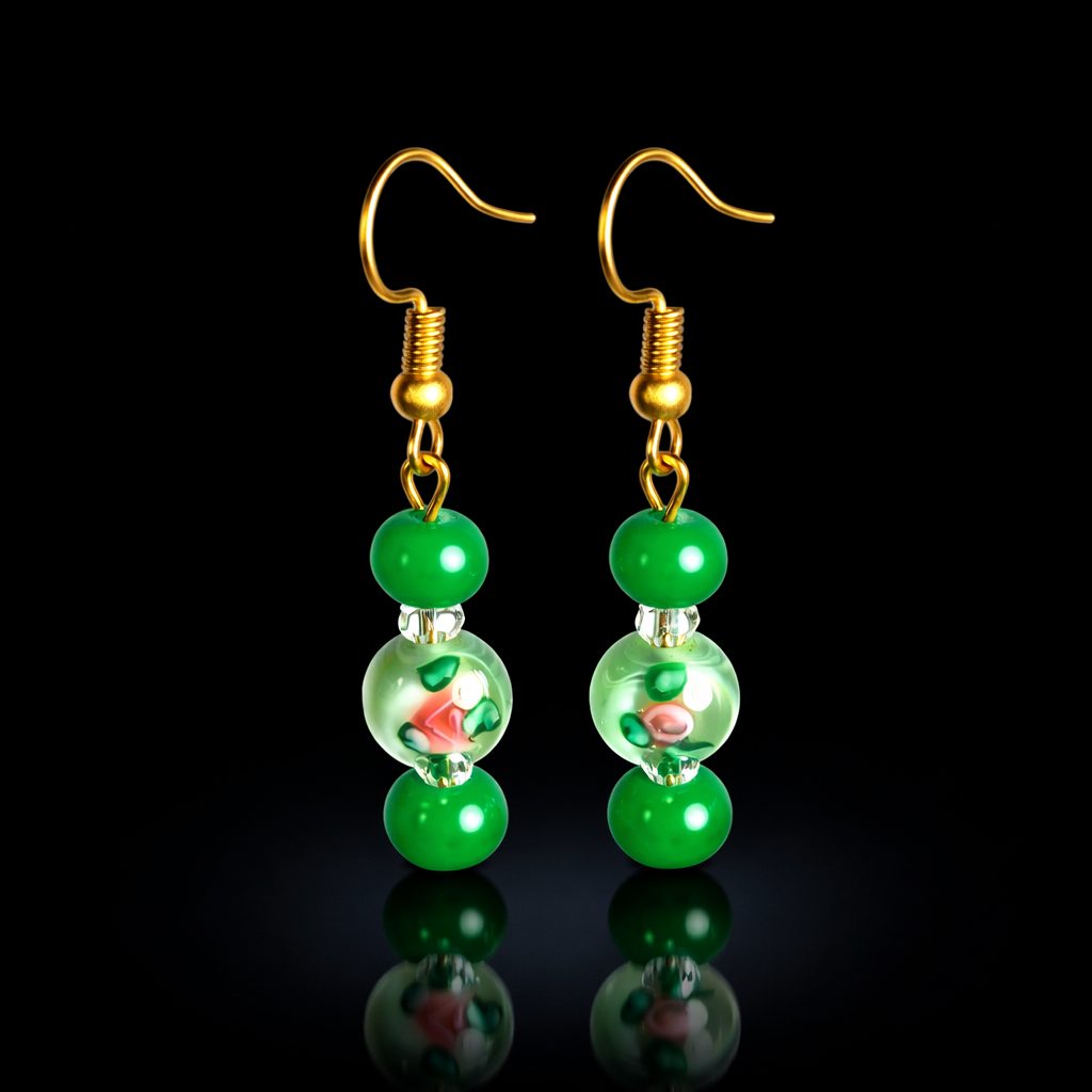 Green Millefiori and Emerald Green Glass Bead Earrings - Image 2
