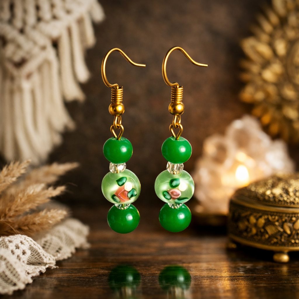 Green Millefiori and Emerald Green Glass Bead Earrings
