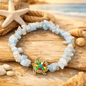 Light Grey/Purple Stone Bracelet with Turtle Charm