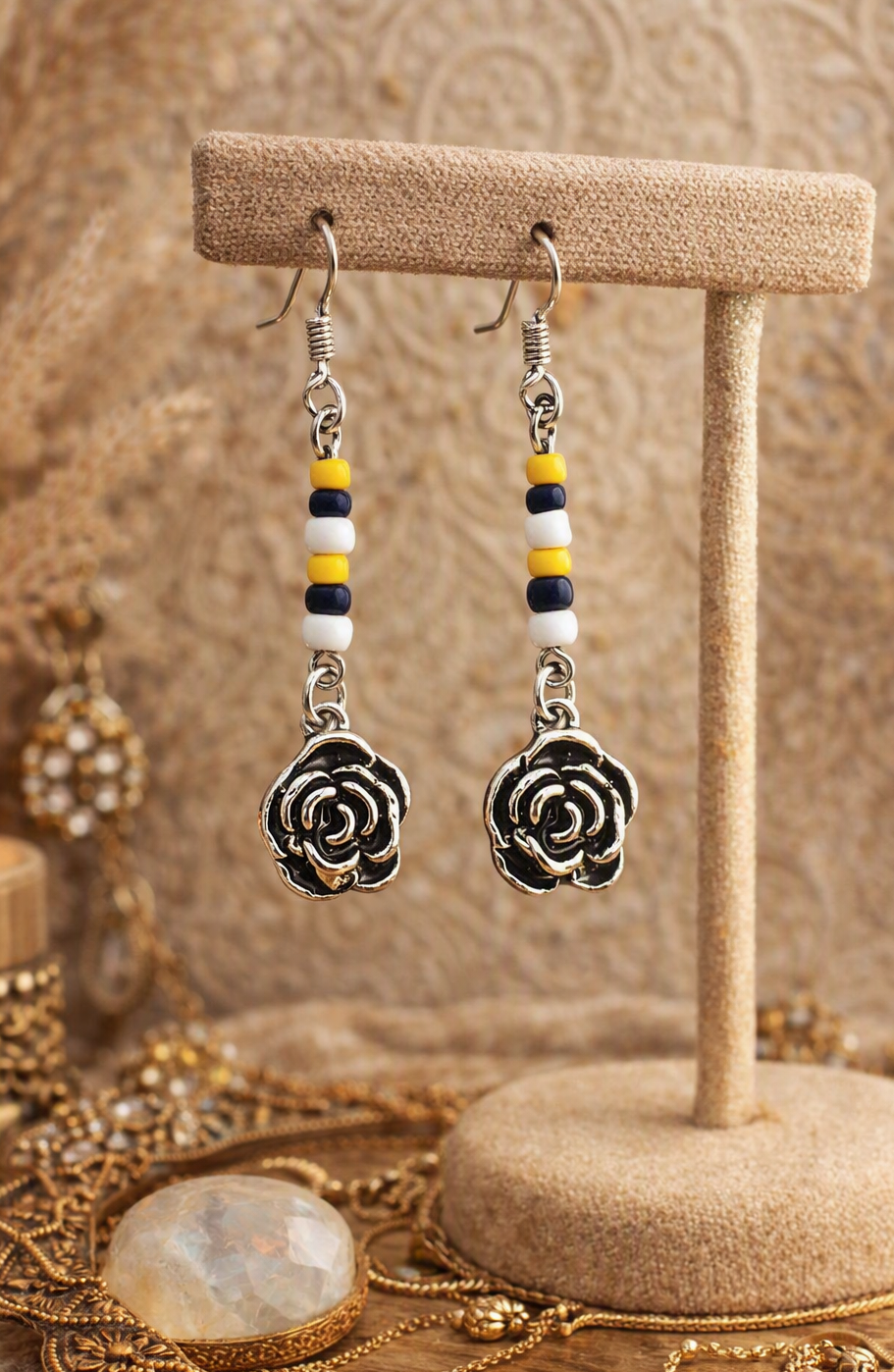Beaded Rose Charm Drop Earrings
