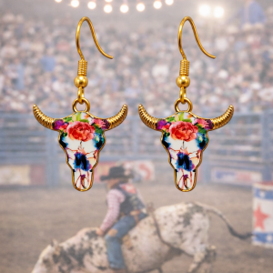 Floral Western Skull Drop Earrings
