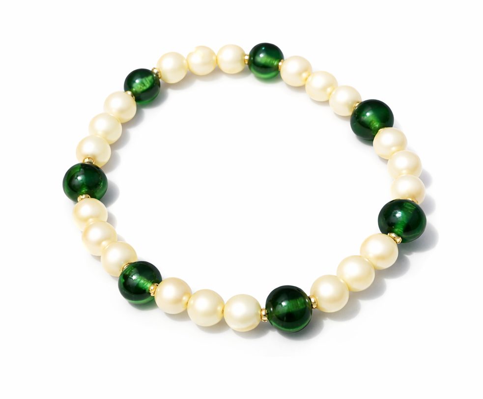 Cream Pearl‑Like & Dark Green Glass Bead Bracelet - Image 2