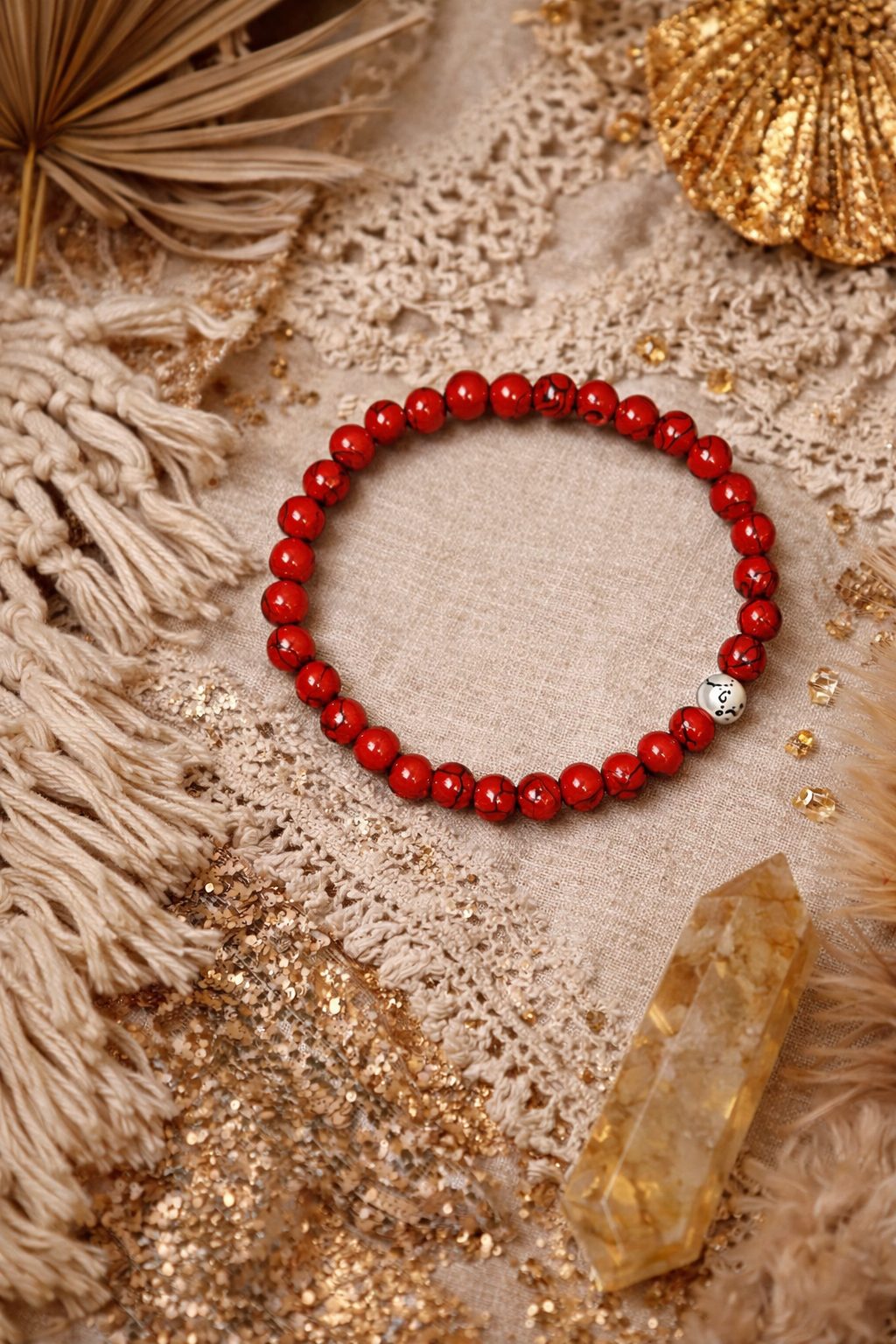 Red Bead with Single White Bead Bracelet