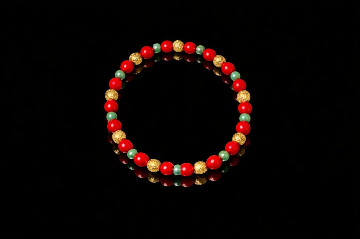 Red, Gold & Green Bead Bracelet - Image 2